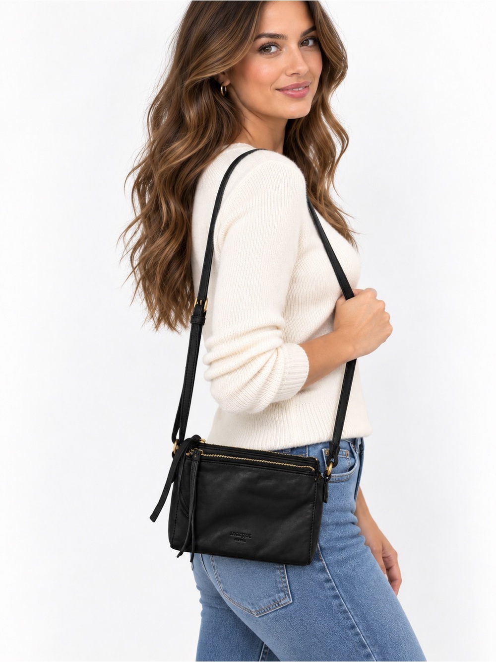 Margot New York Black Genuine Leather Double Zip Crossbody Bag